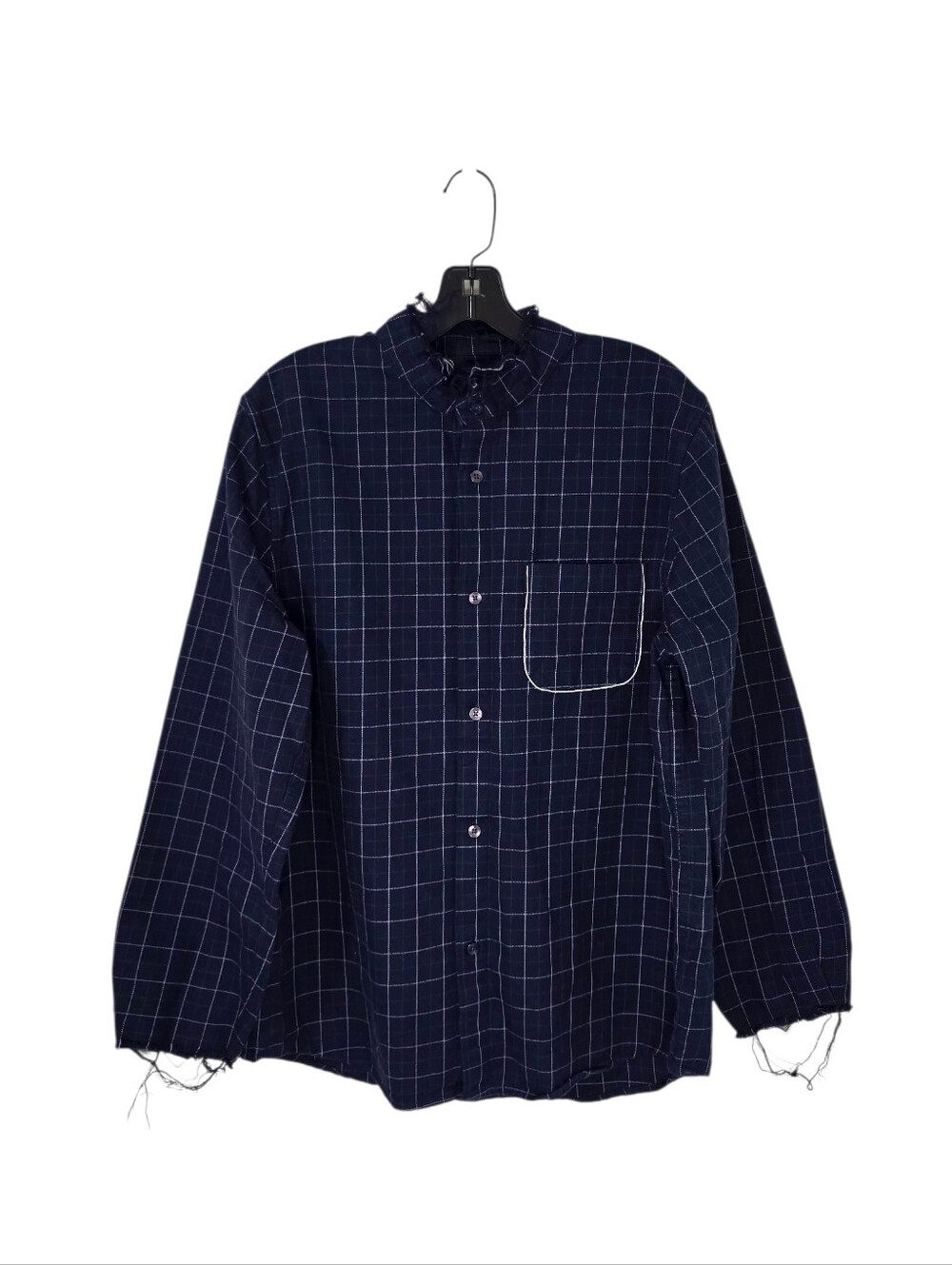 Fred Segal Hartel Soft Light Flannel Button Up Plaid Shirt Frayed Navy Large